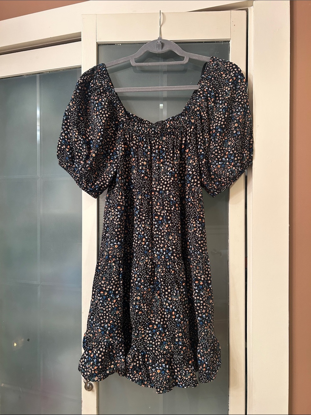 wild fable Navy Floral Puff-Sleeve Mini Dress